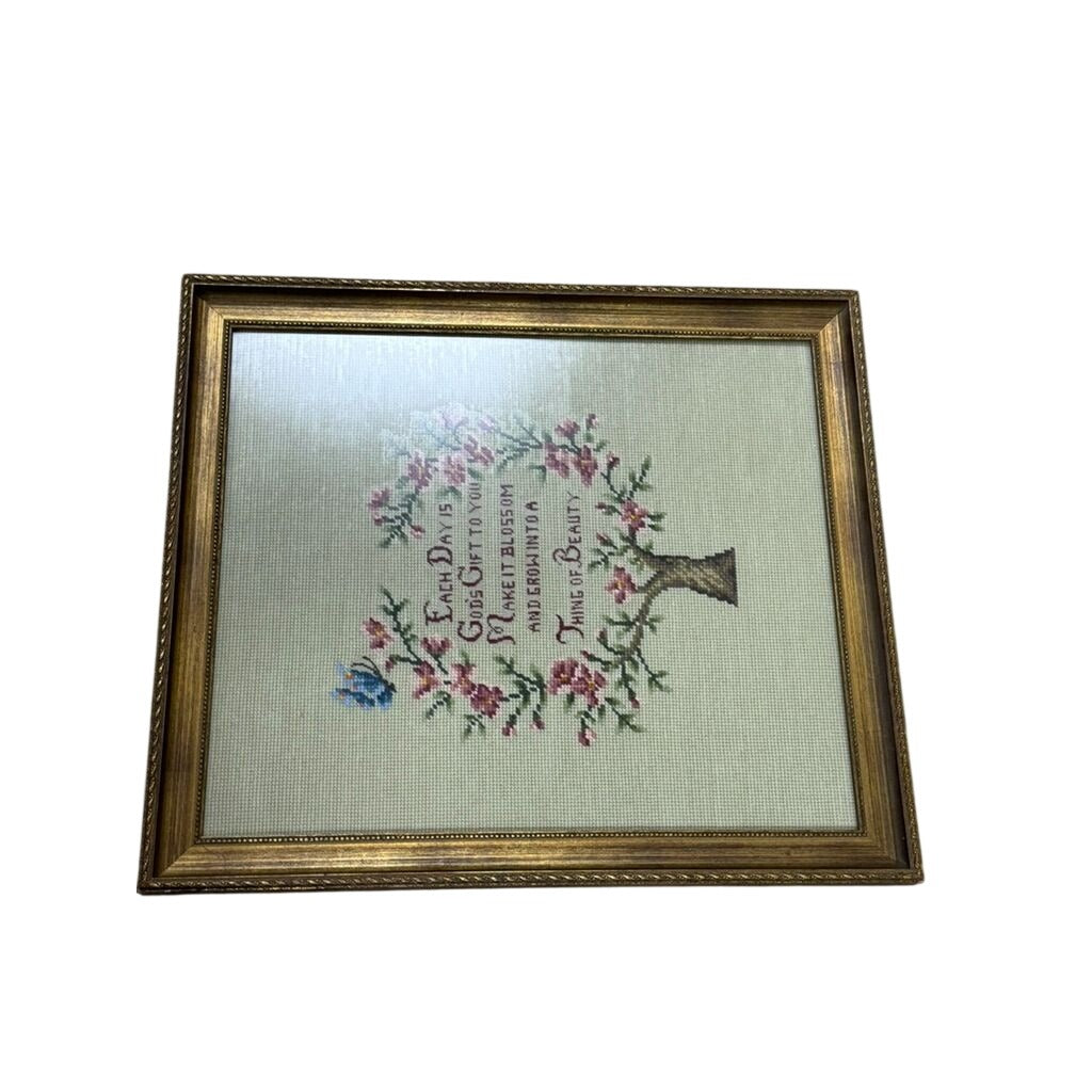 Framed Crewel Needlepoint Art Floral Work Each Day Gift to you Make it Bloom and Grow Handmade Granny Cottrage Core Wall Home Decor Gallery