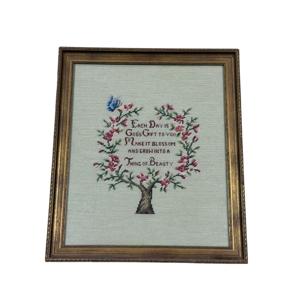 Framed Crewel Needlepoint Art Floral Work Each Day Gift to you Make it Bloom and Grow Handmade Granny Cottrage Core Wall Home Decor Gallery