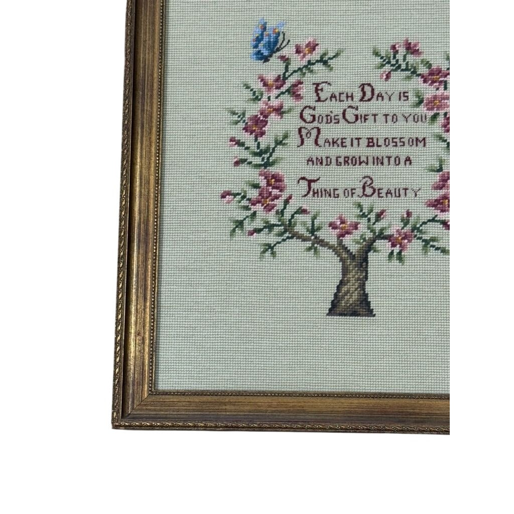 Framed Crewel Needlepoint Art Floral Work Each Day Gift to you Make it Bloom and Grow Handmade Granny Cottrage Core Wall Home Decor Gallery