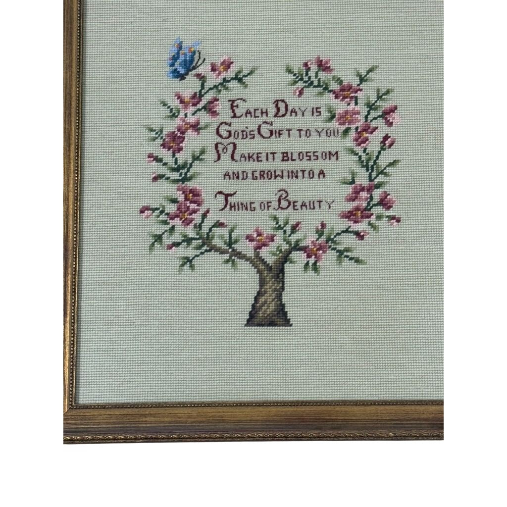 Framed Crewel Needlepoint Art Floral Work Each Day Gift to you Make it Bloom and Grow Handmade Granny Cottrage Core Wall Home Decor Gallery