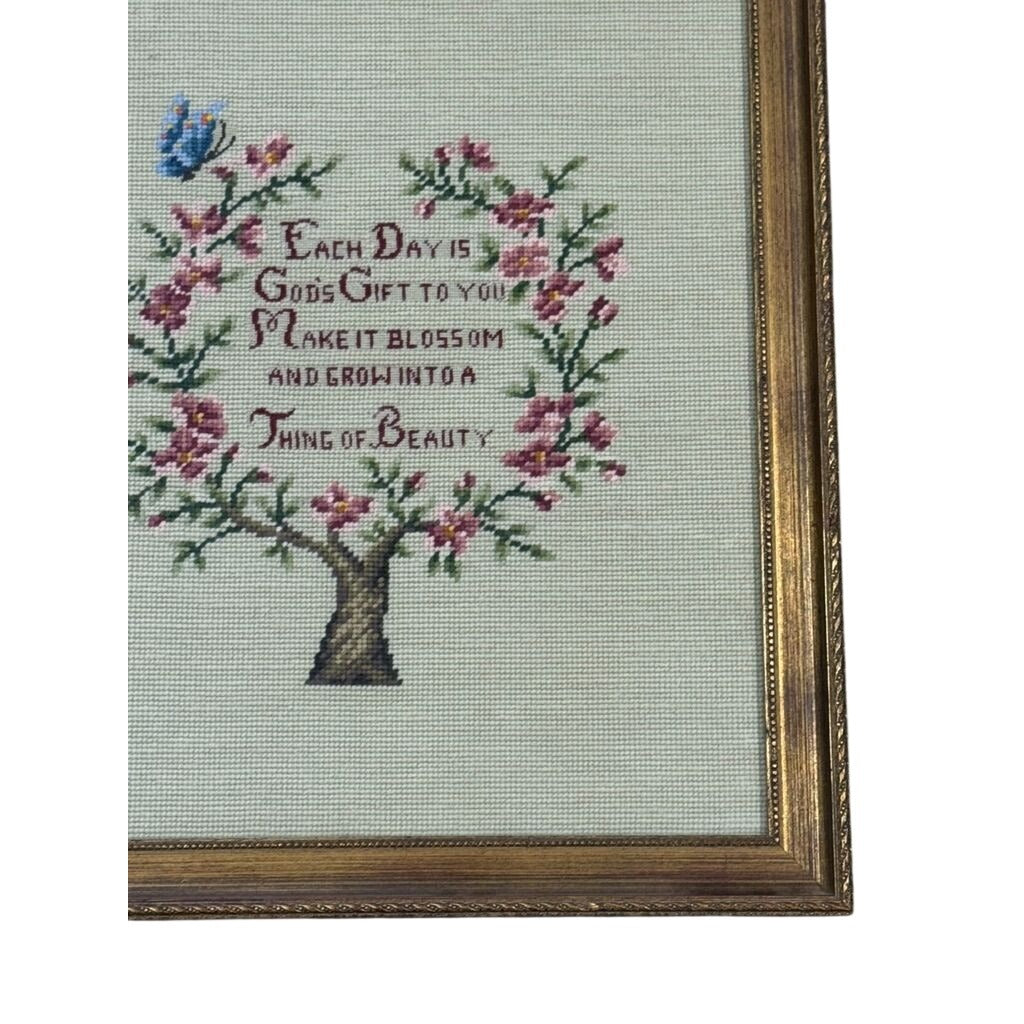 Framed Crewel Needlepoint Art Floral Work Each Day Gift to you Make it Bloom and Grow Handmade Granny Cottrage Core Wall Home Decor Gallery