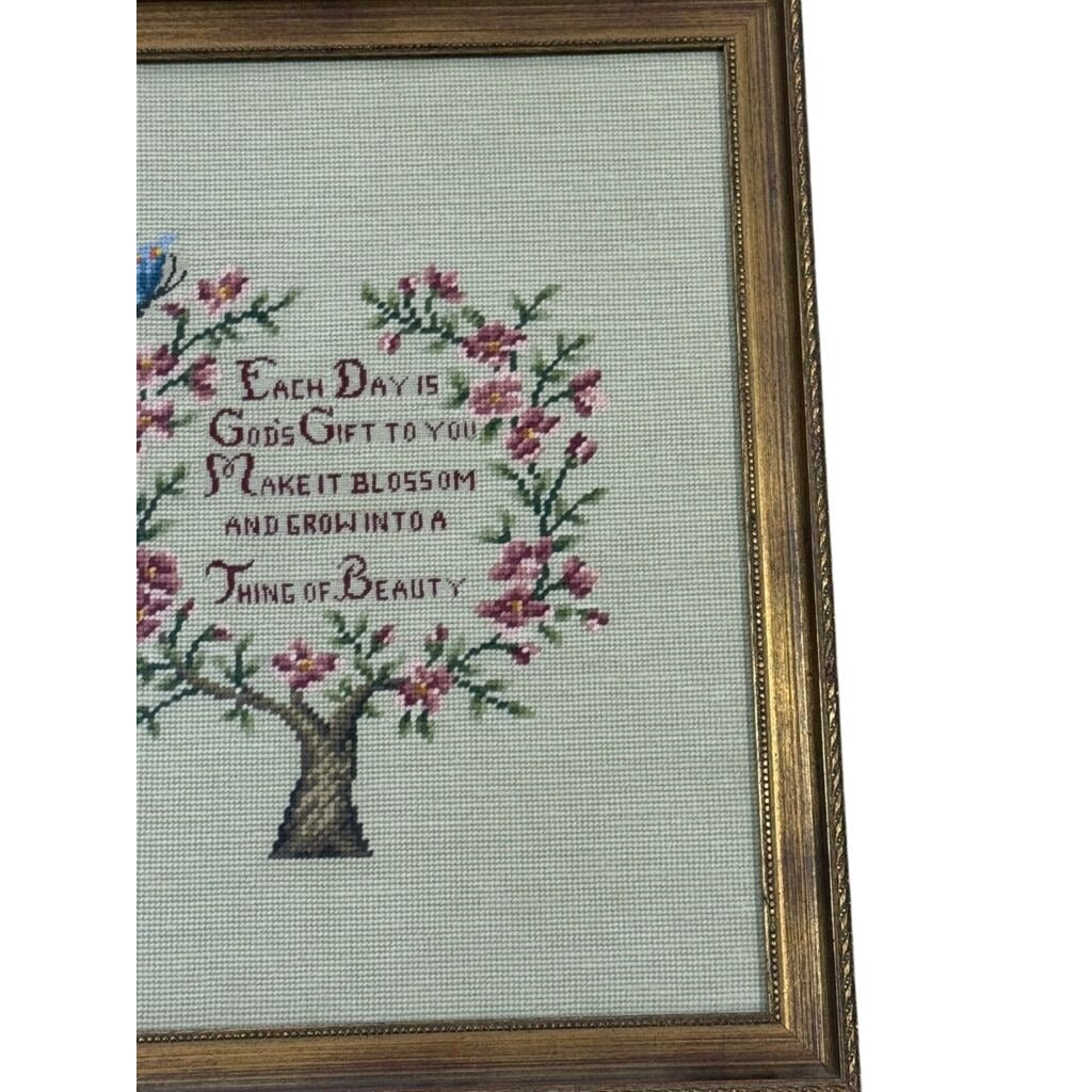 Framed Crewel Needlepoint Art Floral Work Each Day Gift to you Make it Bloom and Grow Handmade Granny Cottrage Core Wall Home Decor Gallery