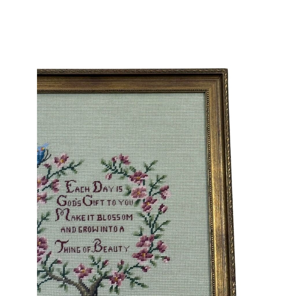 Framed Crewel Needlepoint Art Floral Work Each Day Gift to you Make it Bloom and Grow Handmade Granny Cottrage Core Wall Home Decor Gallery