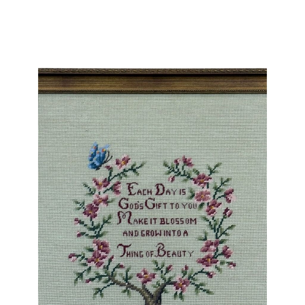 Framed Crewel Needlepoint Art Floral Work Each Day Gift to you Make it Bloom and Grow Handmade Granny Cottrage Core Wall Home Decor Gallery