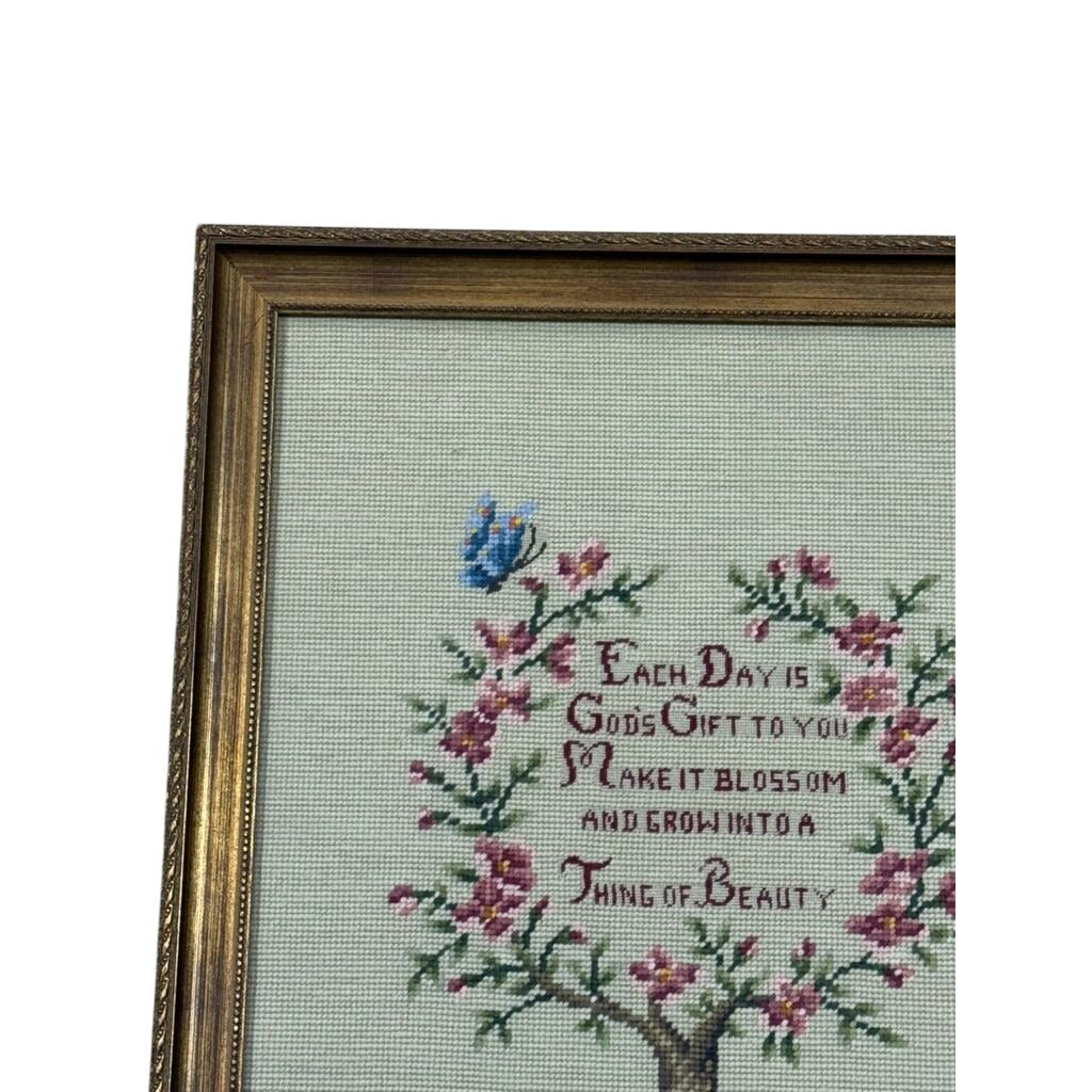Framed Crewel Needlepoint Art Floral Work Each Day Gift to you Make it Bloom and Grow Handmade Granny Cottrage Core Wall Home Decor Gallery