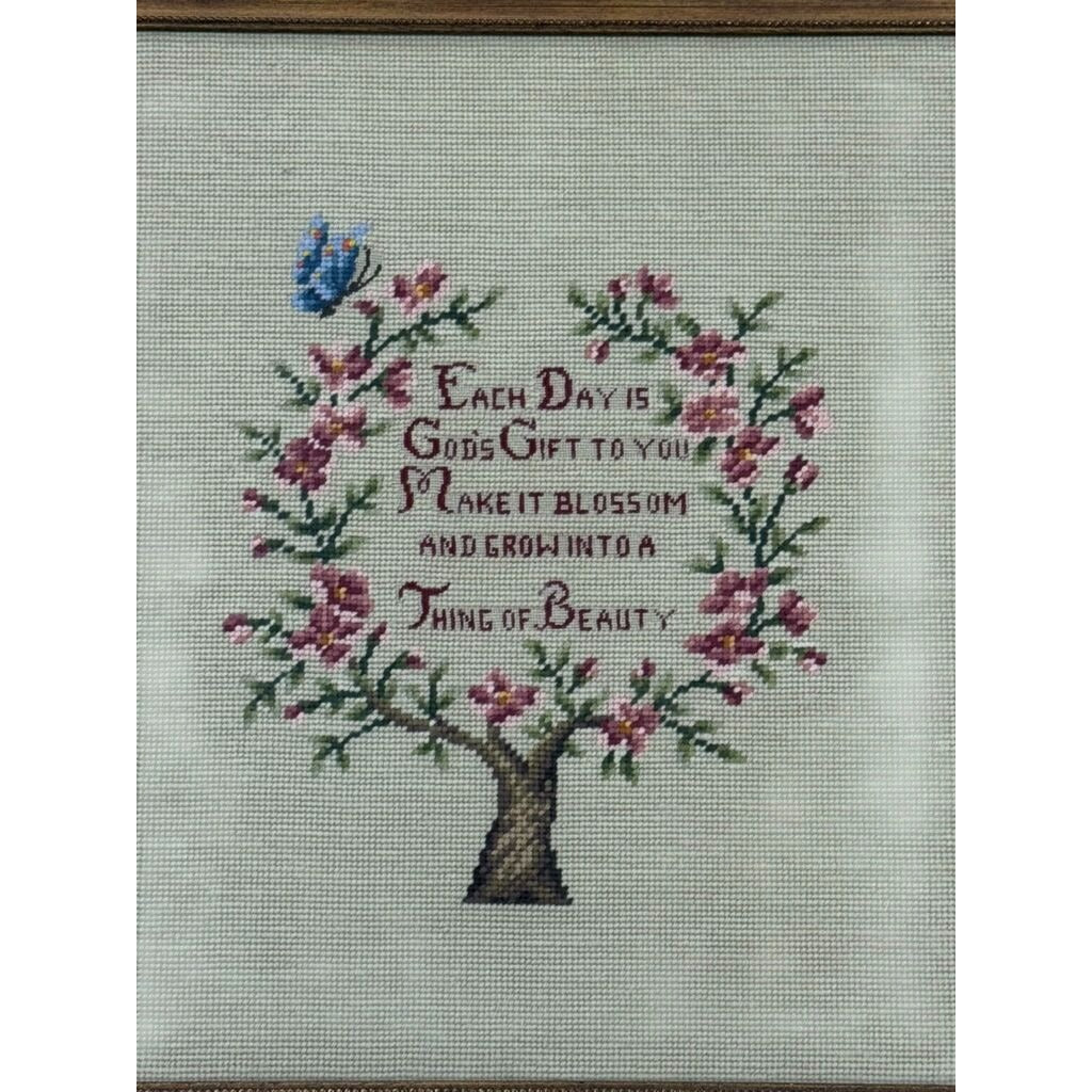 Framed Crewel Needlepoint Art Floral Work Each Day Gift to you Make it Bloom and Grow Handmade Granny Cottrage Core Wall Home Decor Gallery
