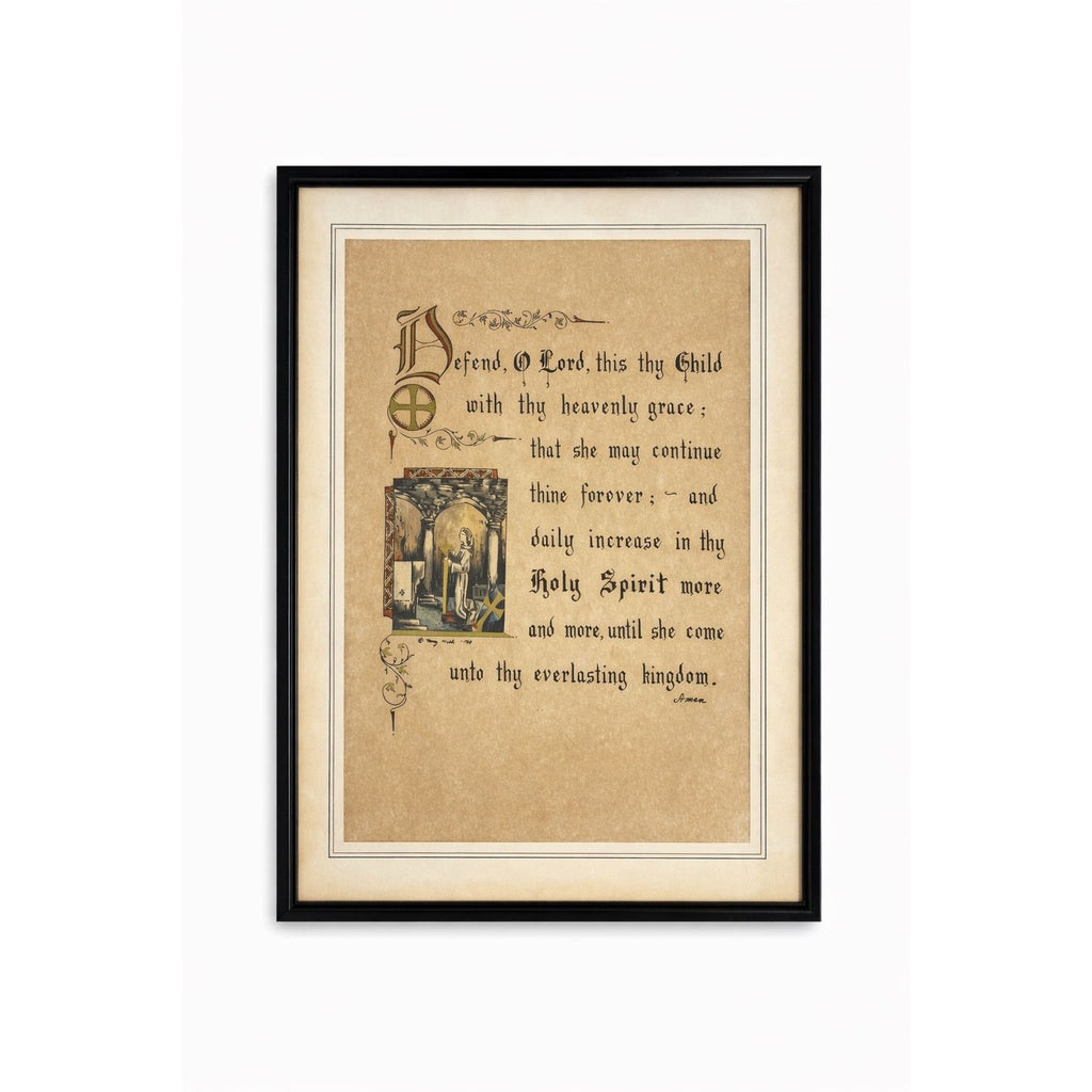 Wall Art Framed Vintage Nancy Wilds Caligraphy "Defend, O Lord This Thy Child" Prayer Christian Religious Ephemera  Framed Print 1968