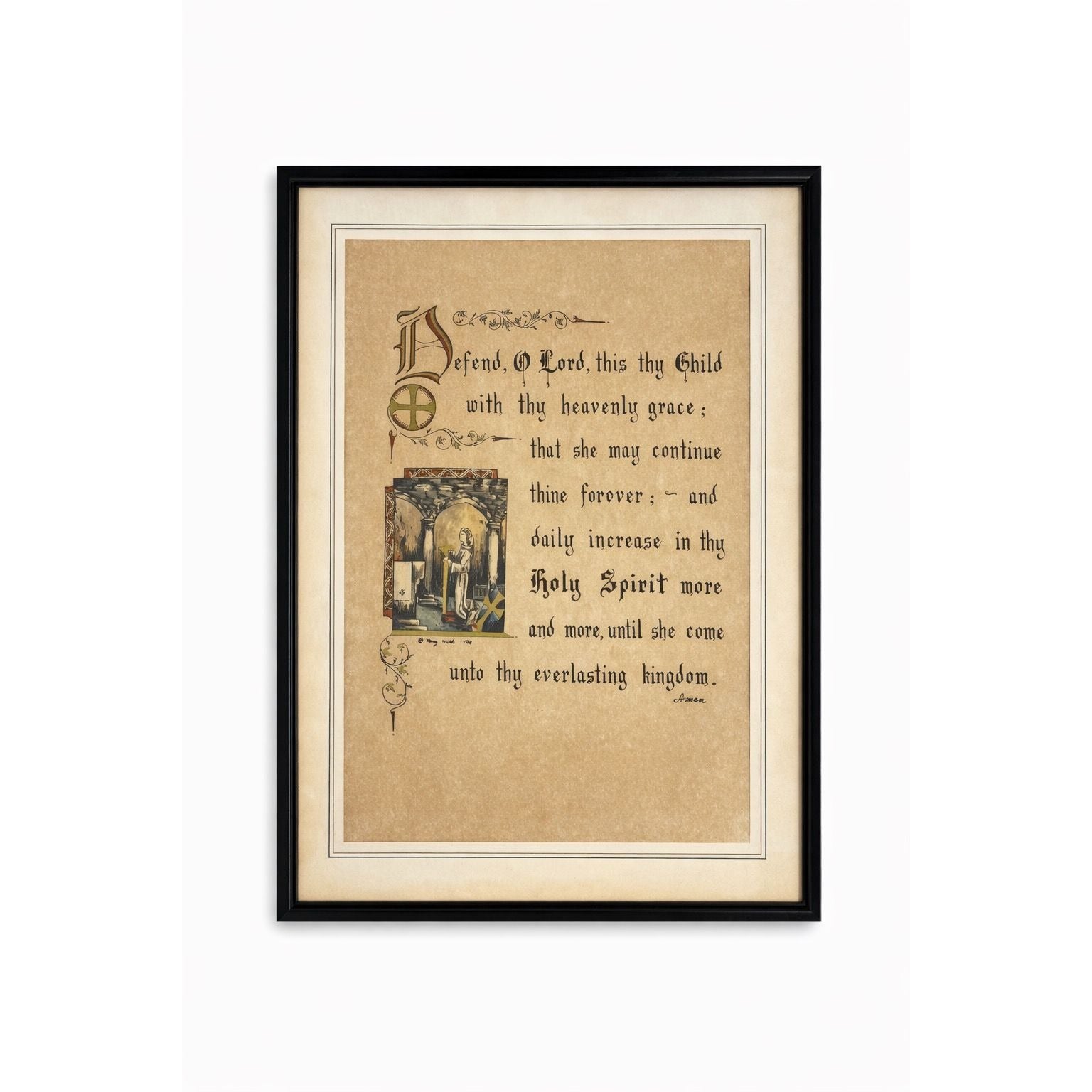 Wall Art Framed Vintage Nancy Wilds Caligraphy "Defend, O Lord This Thy Child" Prayer Christian Religious Ephemera  Framed Print 1968