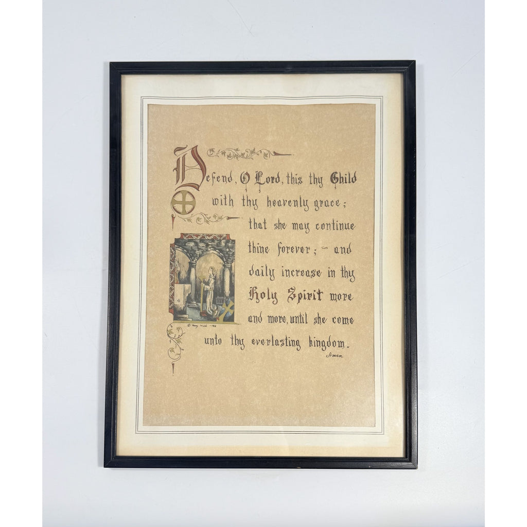 Wall Art Framed Vintage Nancy Wilds Caligraphy "Defend, O Lord This Thy Child" Prayer Christian Religious Ephemera  Framed Print 1968