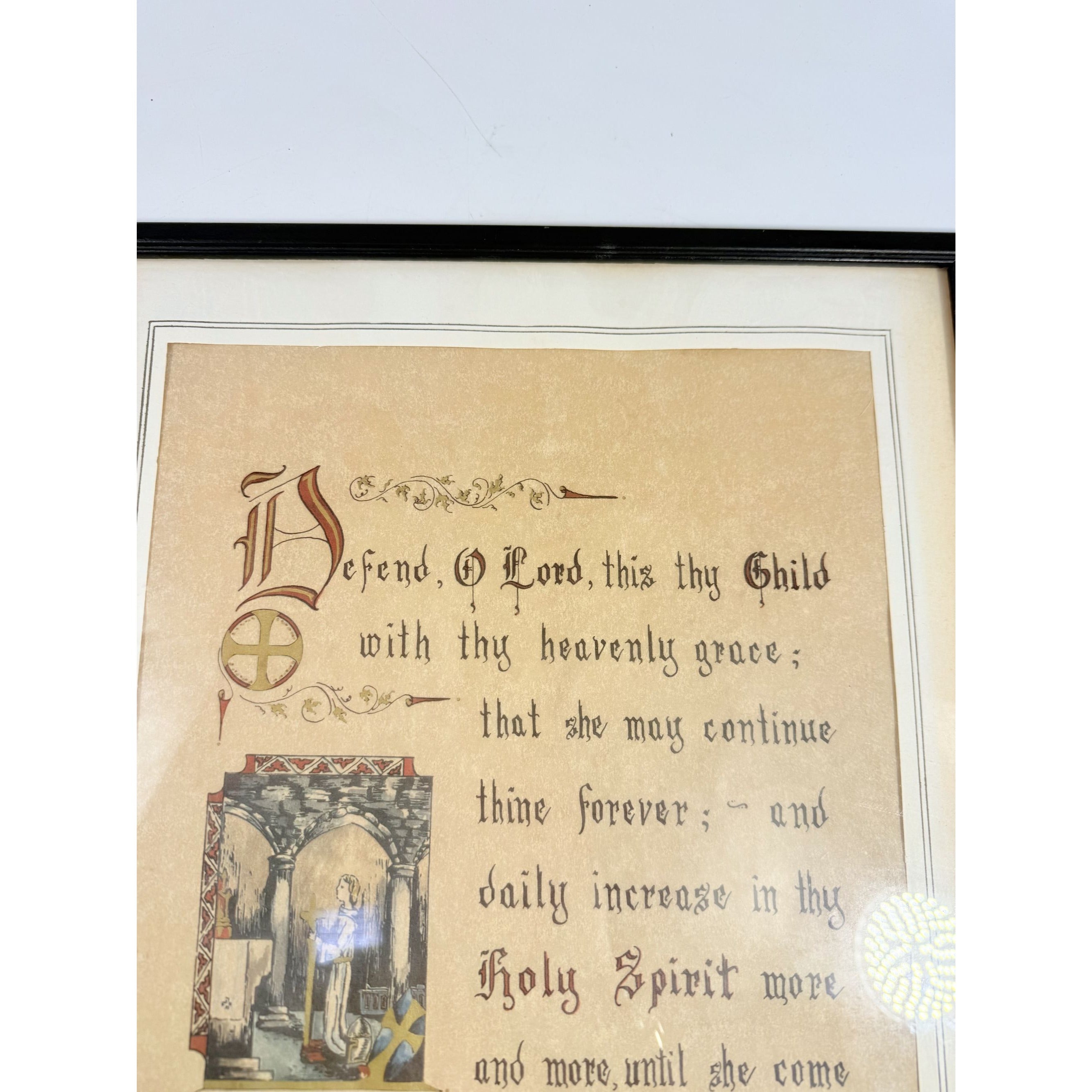 Wall Art Framed Vintage Nancy Wilds Caligraphy "Defend, O Lord This Thy Child" Prayer Christian Religious Ephemera  Framed Print 1968