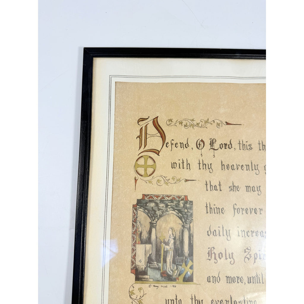 Wall Art Framed Vintage Nancy Wilds Caligraphy "Defend, O Lord This Thy Child" Prayer Christian Religious Ephemera  Framed Print 1968