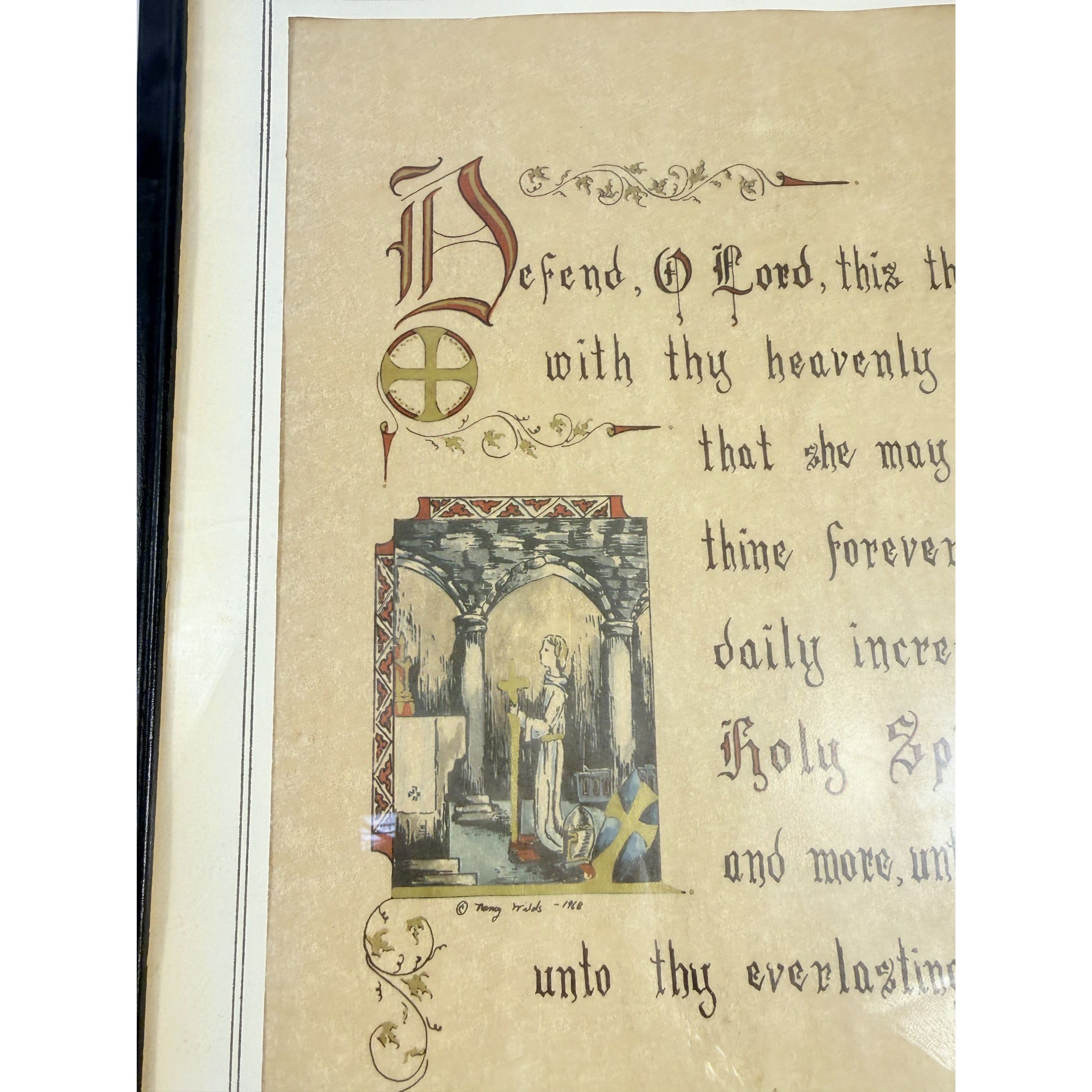 Wall Art Framed Vintage Nancy Wilds Caligraphy "Defend, O Lord This Thy Child" Prayer Christian Religious Ephemera  Framed Print 1968