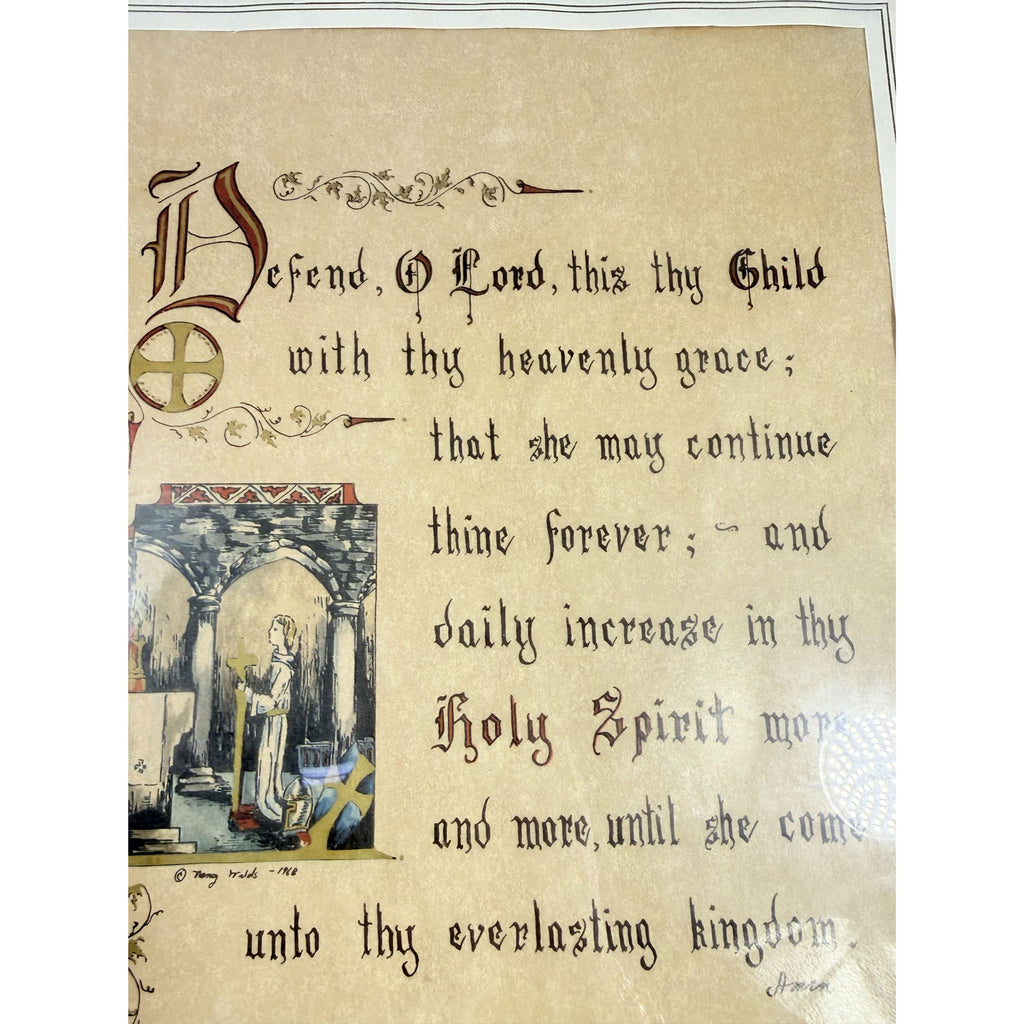 Wall Art Framed Vintage Nancy Wilds Caligraphy "Defend, O Lord This Thy Child" Prayer Christian Religious Ephemera  Framed Print 1968