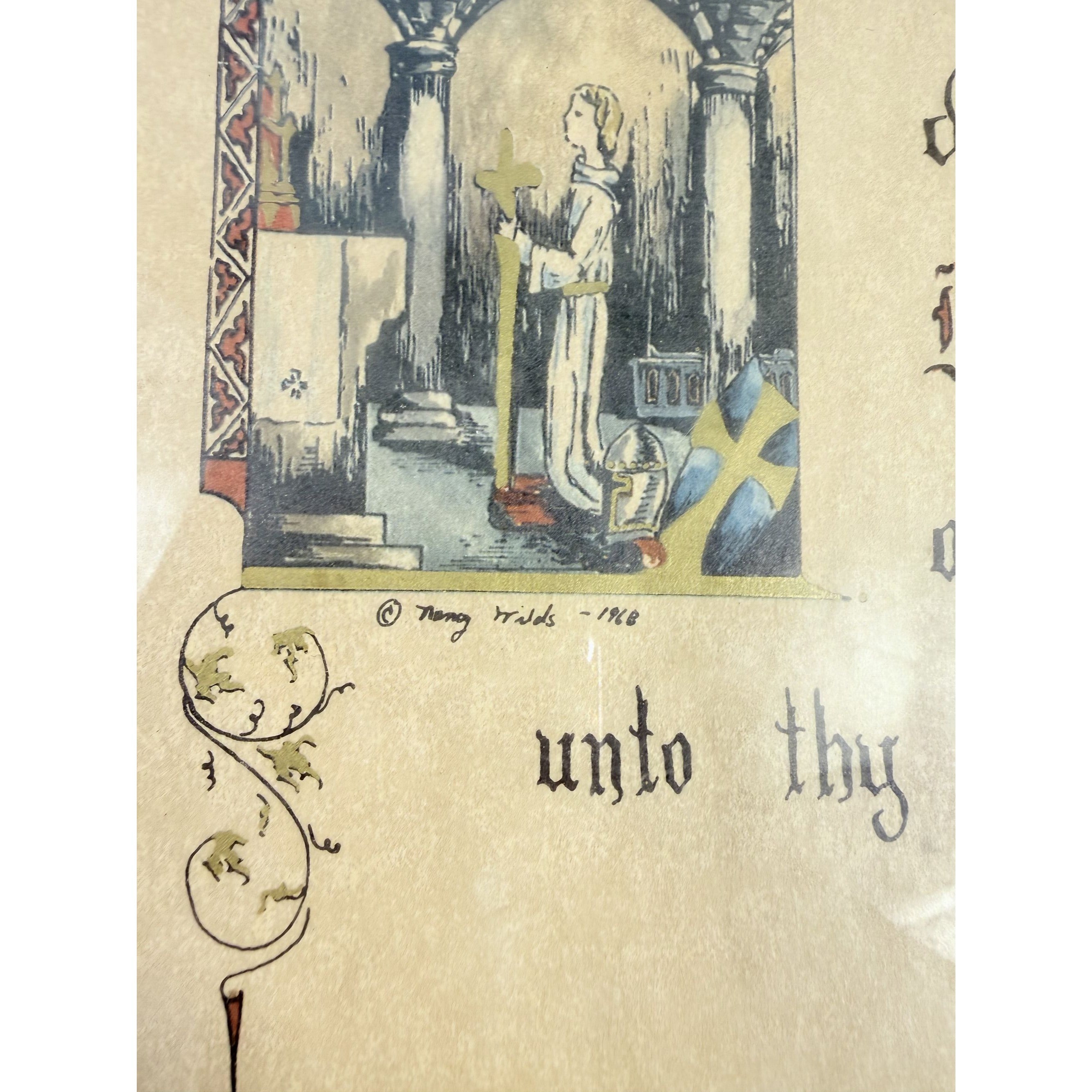 Wall Art Framed Vintage Nancy Wilds Caligraphy "Defend, O Lord This Thy Child" Prayer Christian Religious Ephemera  Framed Print 1968