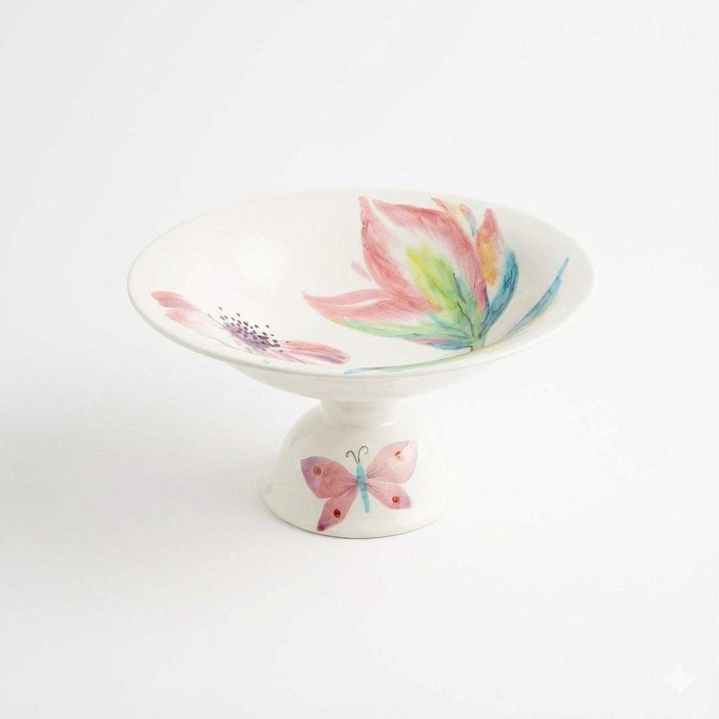 Footed Fruit Bowl Large Alessandra Vietri Flowers Butterfly Hand Painted Italy Vintage Italian Floral Pedestal Centerpiece Colliectible