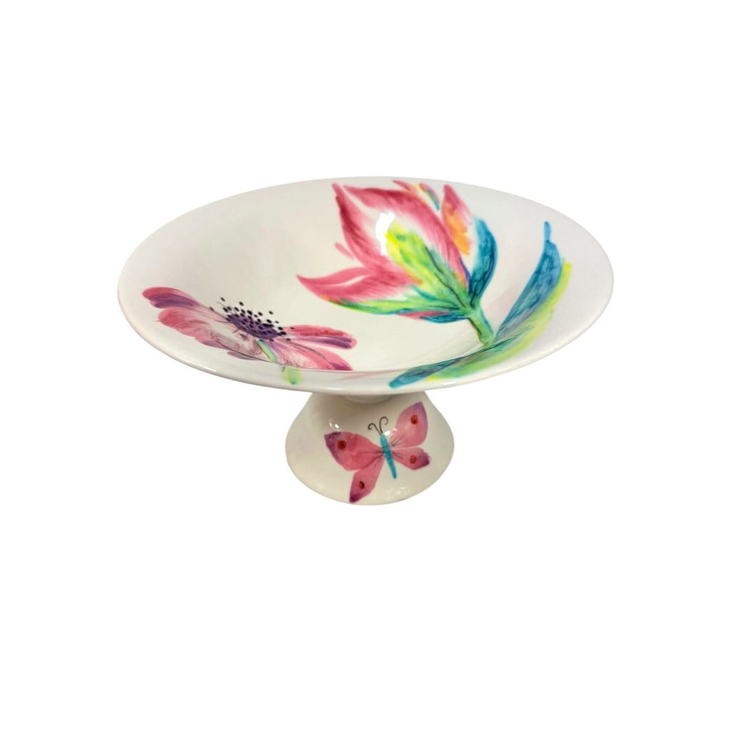 Footed Fruit Bowl Large Alessandra Vietri Flowers Butterfly Hand Painted Italy Vintage Italian Floral Pedestal Centerpiece Colliectible