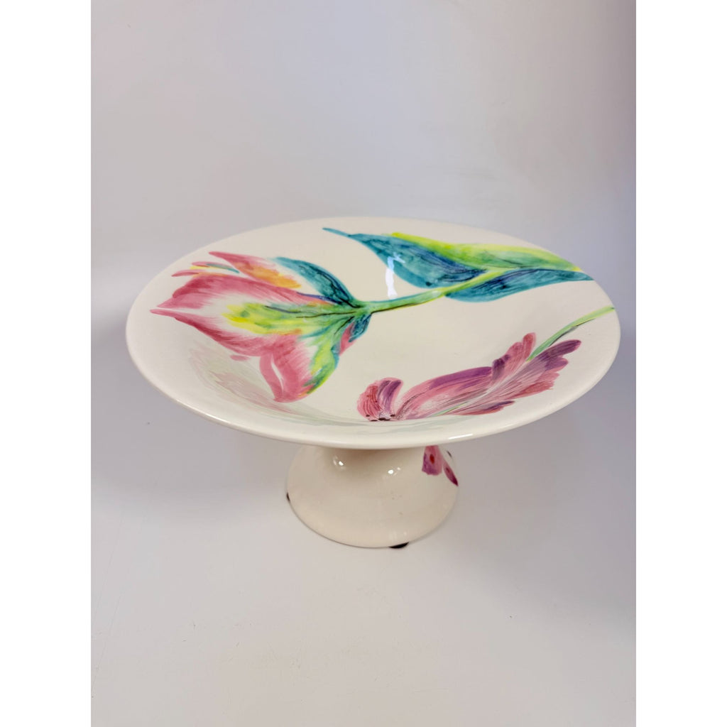 Footed Fruit Bowl Large Alessandra Vietri Flowers Butterfly Hand Painted Italy Vintage Italian Floral Pedestal Centerpiece Colliectible