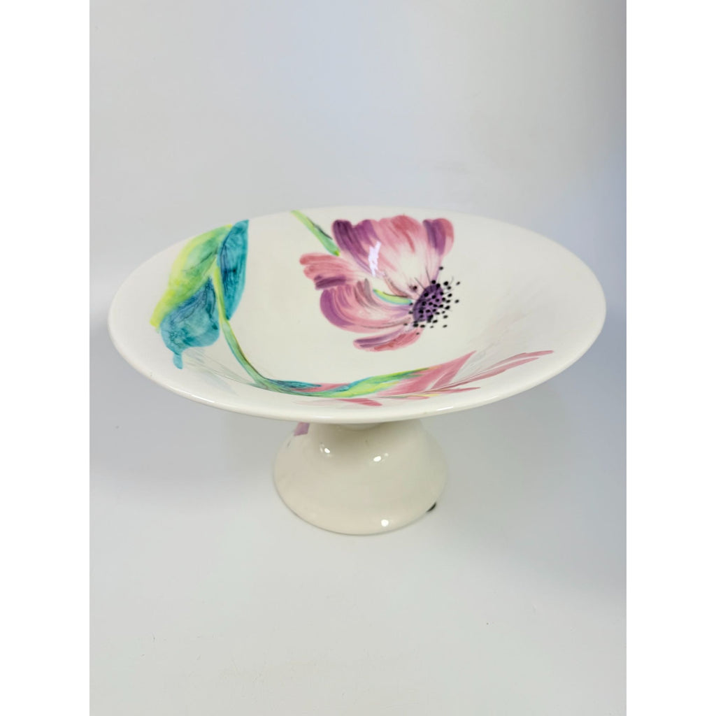 Footed Fruit Bowl Large Alessandra Vietri Flowers Butterfly Hand Painted Italy Vintage Italian Floral Pedestal Centerpiece Colliectible