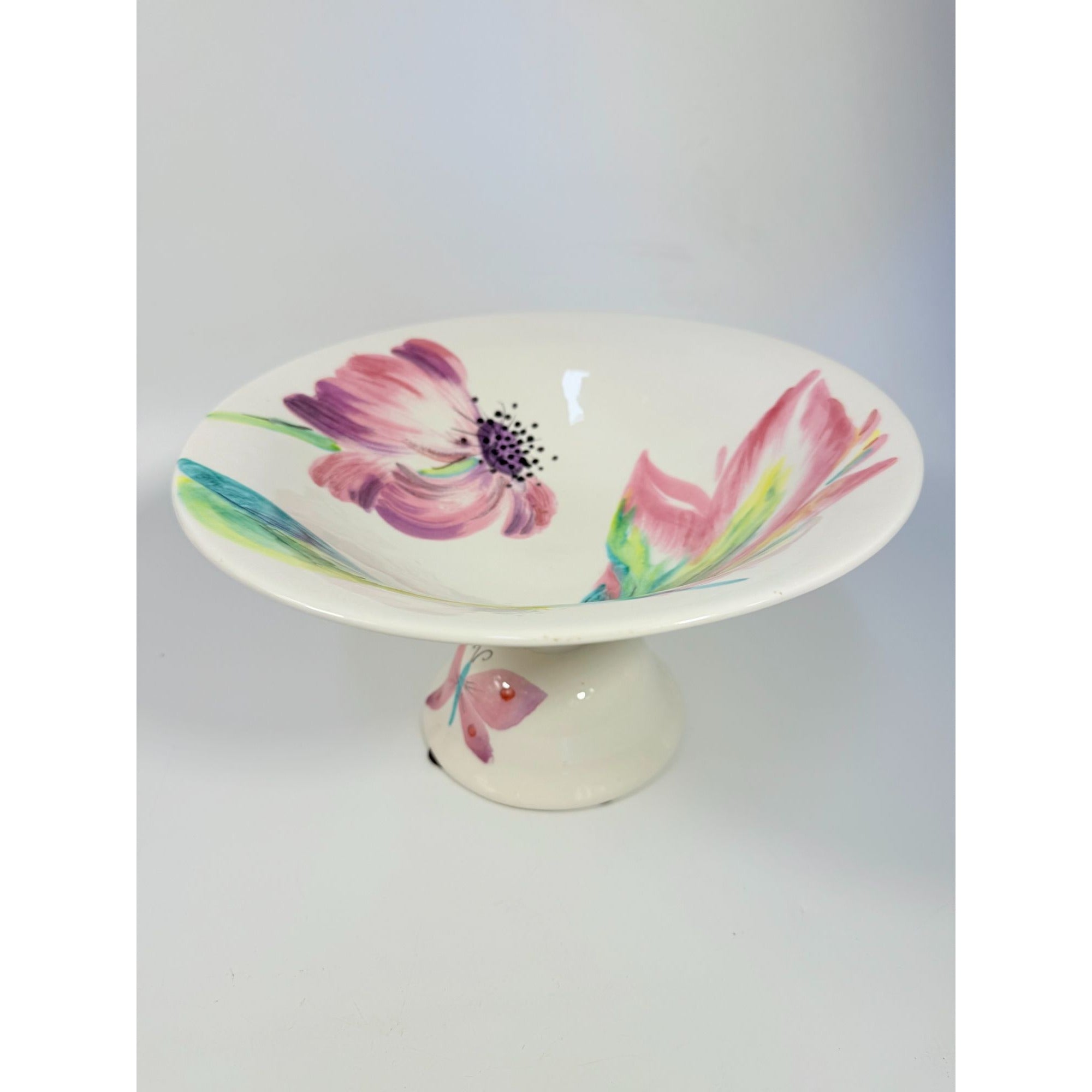 Footed Fruit Bowl Large Alessandra Vietri Flowers Butterfly Hand Painted Italy Vintage Italian Floral Pedestal Centerpiece Colliectible