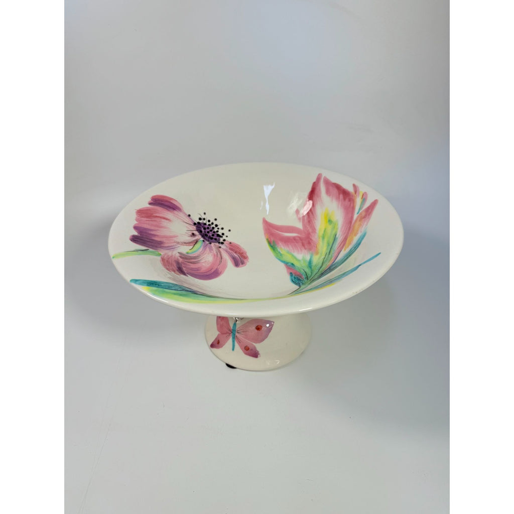 Footed Fruit Bowl Large Alessandra Vietri Flowers Butterfly Hand Painted Italy Vintage Italian Floral Pedestal Centerpiece Colliectible