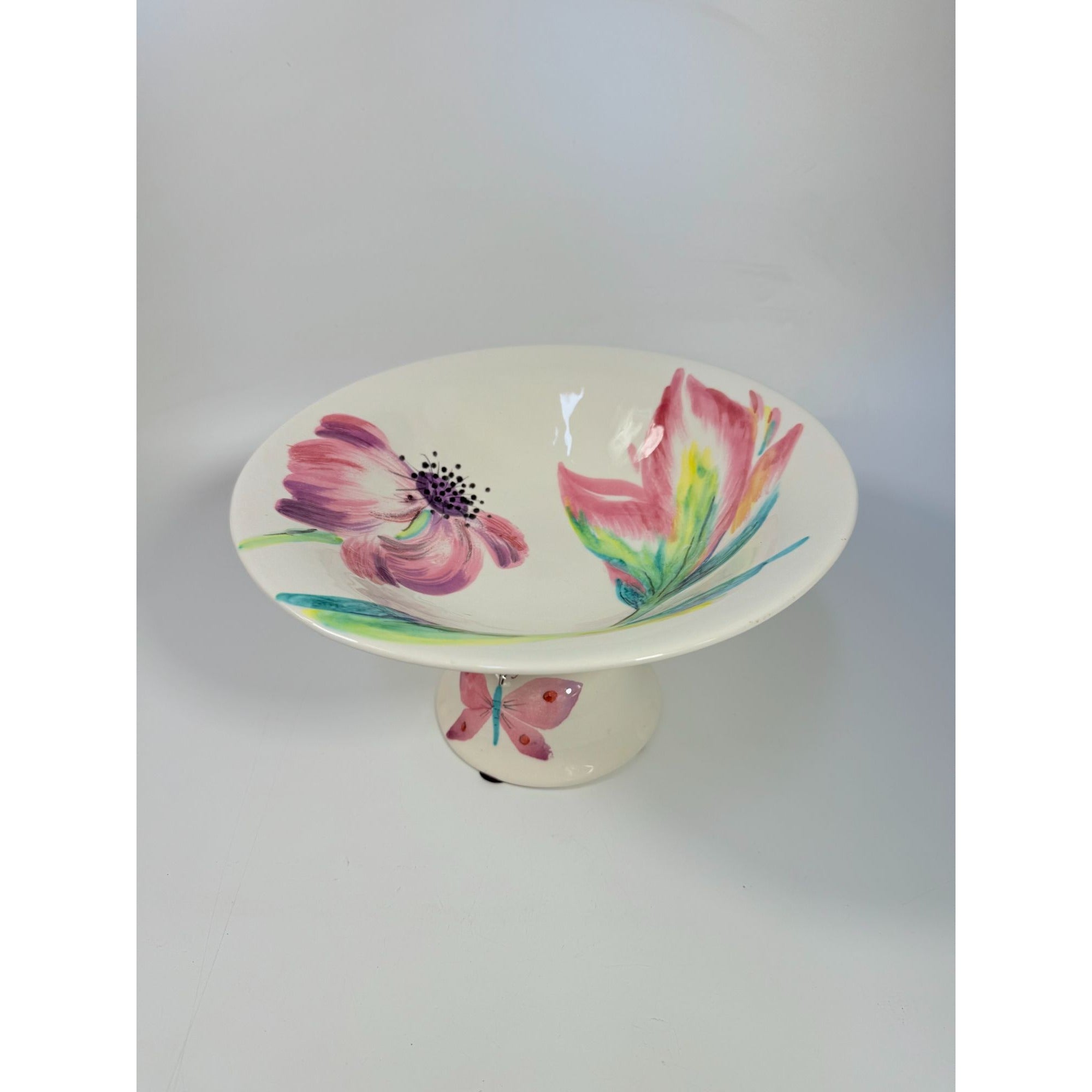 Footed Fruit Bowl Large Alessandra Vietri Flowers Butterfly Hand Painted Italy Vintage Italian Floral Pedestal Centerpiece Colliectible