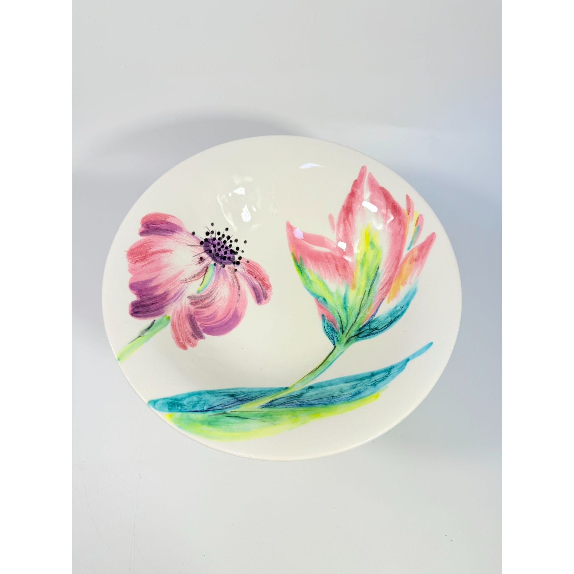 Footed Fruit Bowl Large Alessandra Vietri Flowers Butterfly Hand Painted Italy Vintage Italian Floral Pedestal Centerpiece Colliectible