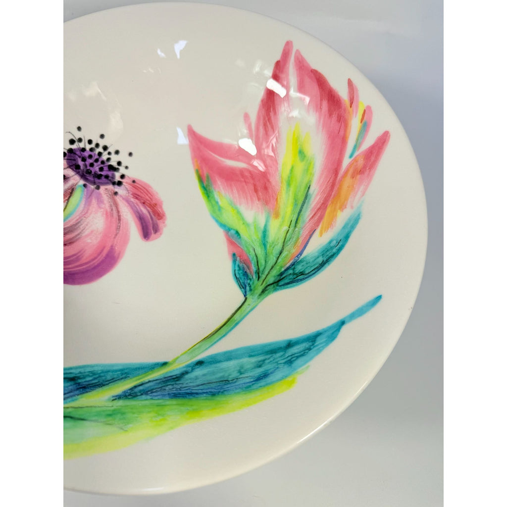 Footed Fruit Bowl Large Alessandra Vietri Flowers Butterfly Hand Painted Italy Vintage Italian Floral Pedestal Centerpiece Colliectible