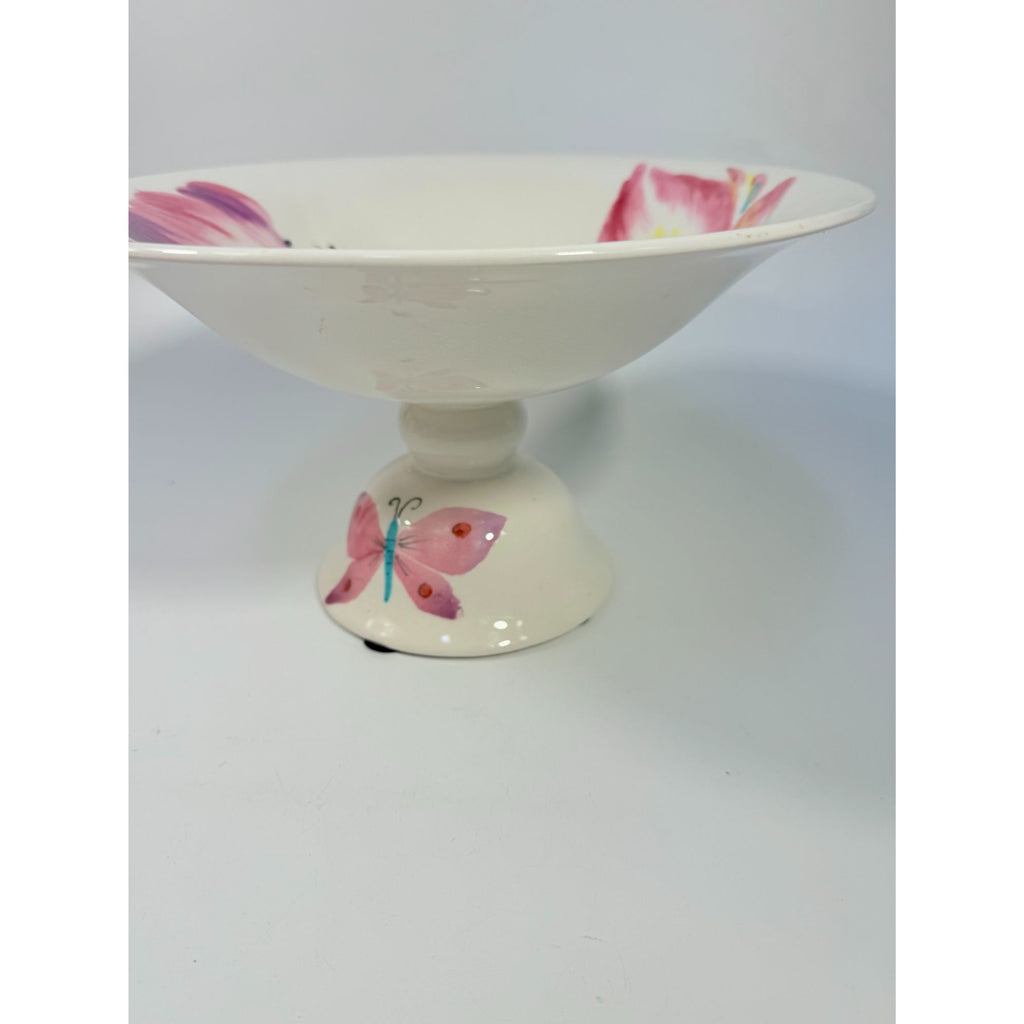 Footed Fruit Bowl Large Alessandra Vietri Flowers Butterfly Hand Painted Italy Vintage Italian Floral Pedestal Centerpiece Colliectible
