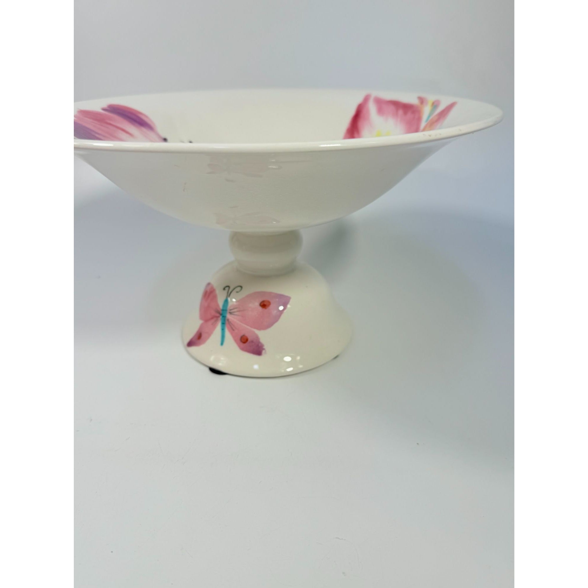 Footed Fruit Bowl Large Alessandra Vietri Flowers Butterfly Hand Painted Italy Vintage Italian Floral Pedestal Centerpiece Colliectible