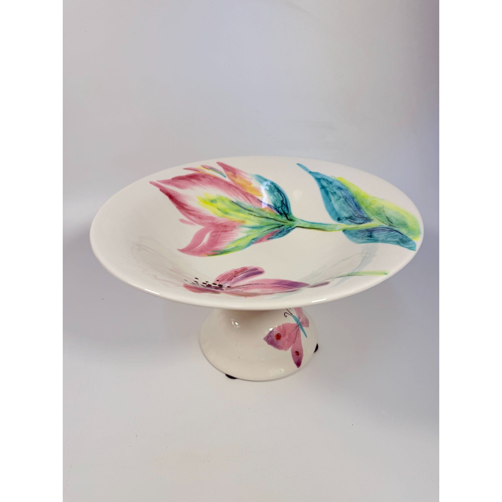 Footed Fruit Bowl Large Alessandra Vietri Flowers Butterfly Hand Painted Italy Vintage Italian Floral Pedestal Centerpiece Colliectible