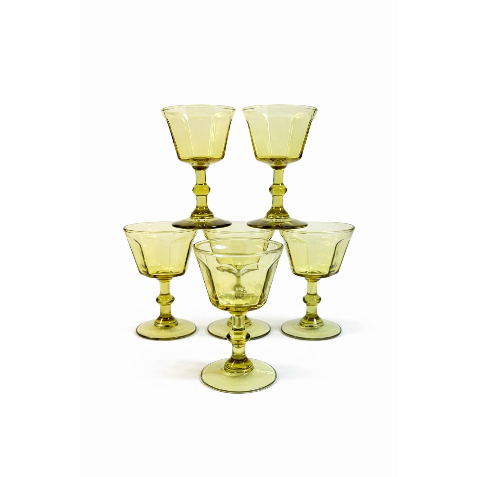 Coupe Wine Cocktail Glasses Anchor Hocking "Courtney" Yellow Amber Set 6 Hand Brlown  Paneled Stemware Glassware Honeycomb Textured Glass