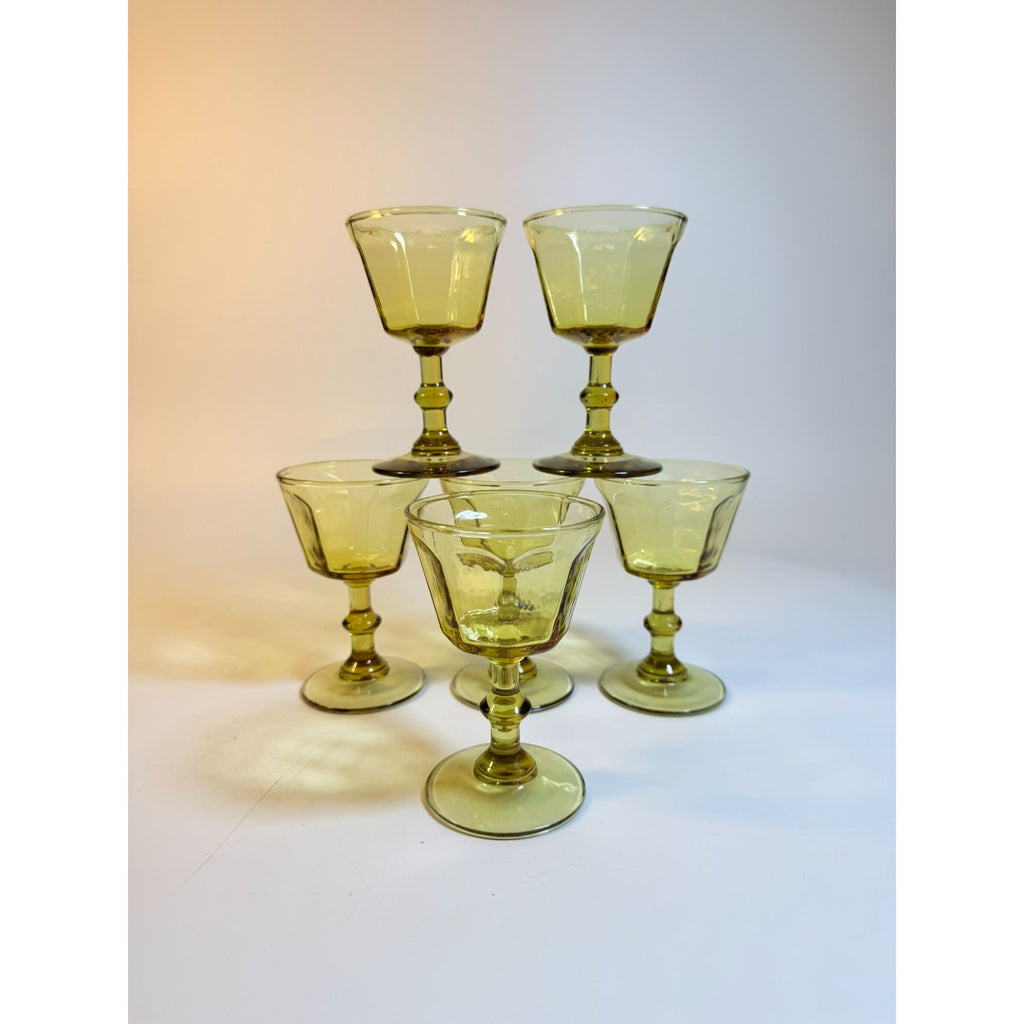 Coupe Wine Cocktail Glasses Anchor Hocking "Courtney" Yellow Amber Set 6 Hand Brlown  Paneled Stemware Glassware Honeycomb Textured Glass