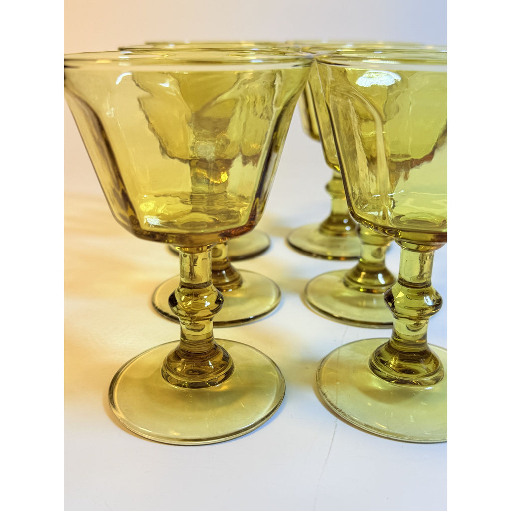 Coupe Wine Cocktail Glasses Anchor Hocking "Courtney" Yellow Amber Set 6 Hand Brlown  Paneled Stemware Glassware Honeycomb Textured Glass