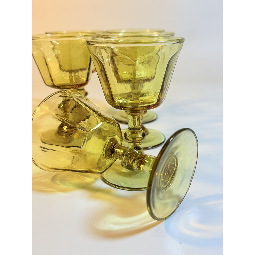 Coupe Wine Cocktail Glasses Anchor Hocking "Courtney" Yellow Amber Set 6 Hand Brlown  Paneled Stemware Glassware Honeycomb Textured Glass