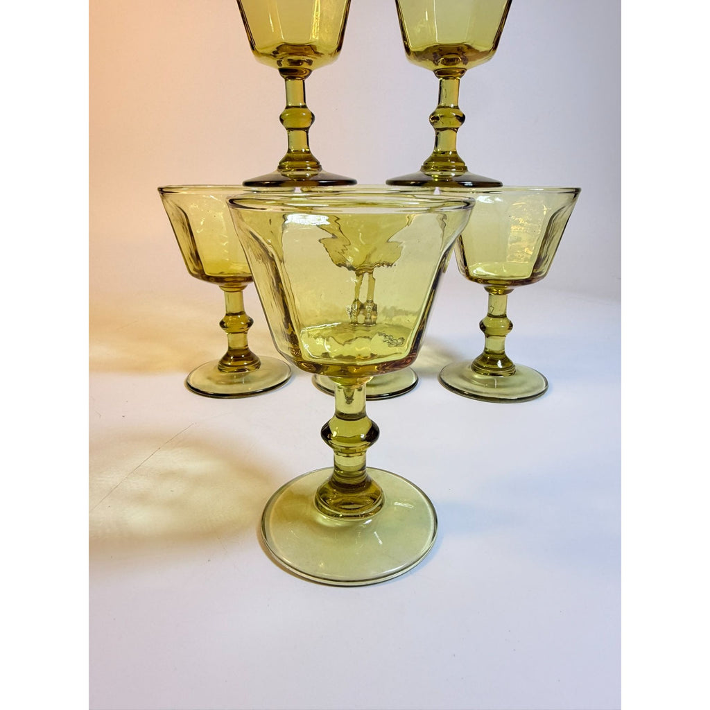 Coupe Wine Cocktail Glasses Anchor Hocking "Courtney" Yellow Amber Set 6 Hand Brlown  Paneled Stemware Glassware Honeycomb Textured Glass