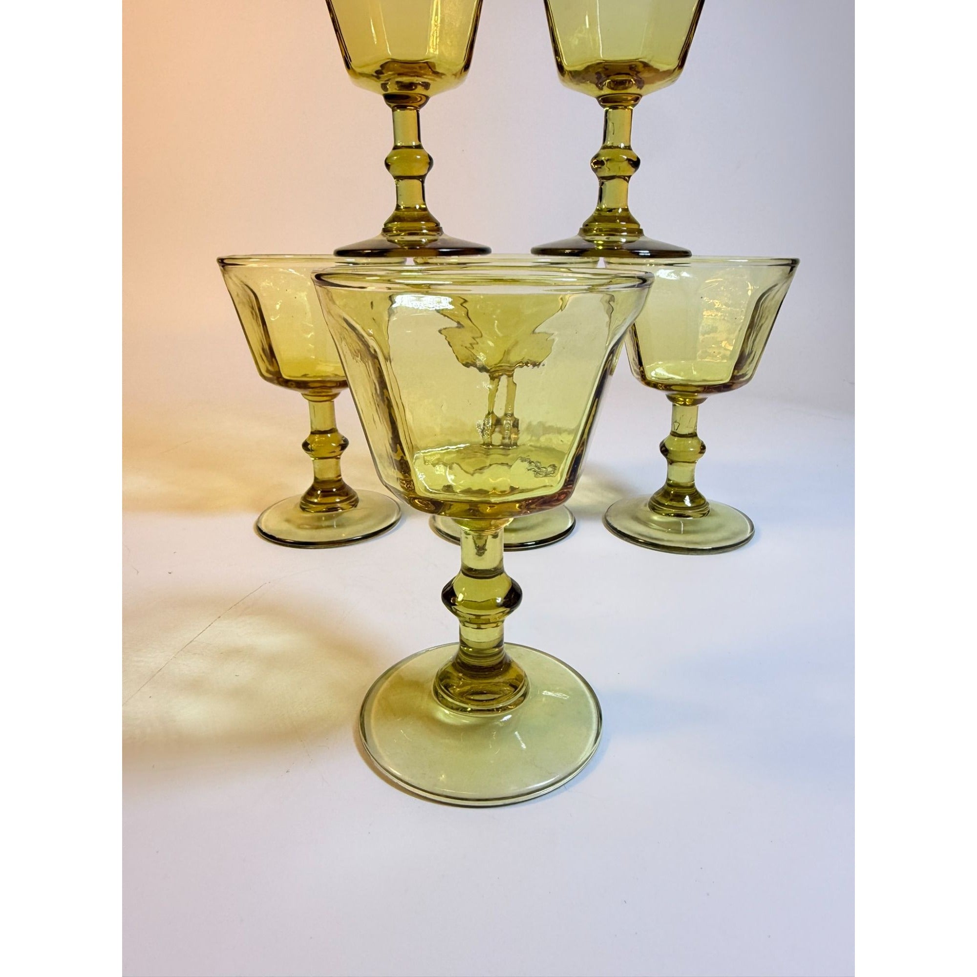 Coupe Wine Cocktail Glasses Anchor Hocking "Courtney" Yellow Amber Set 6 Hand Brlown  Paneled Stemware Glassware Honeycomb Textured Glass