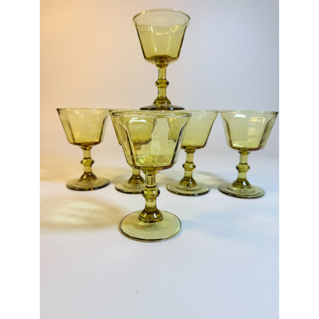 Coupe Wine Cocktail Glasses Anchor Hocking "Courtney" Yellow Amber Set 6 Hand Brlown  Paneled Stemware Glassware Honeycomb Textured Glass