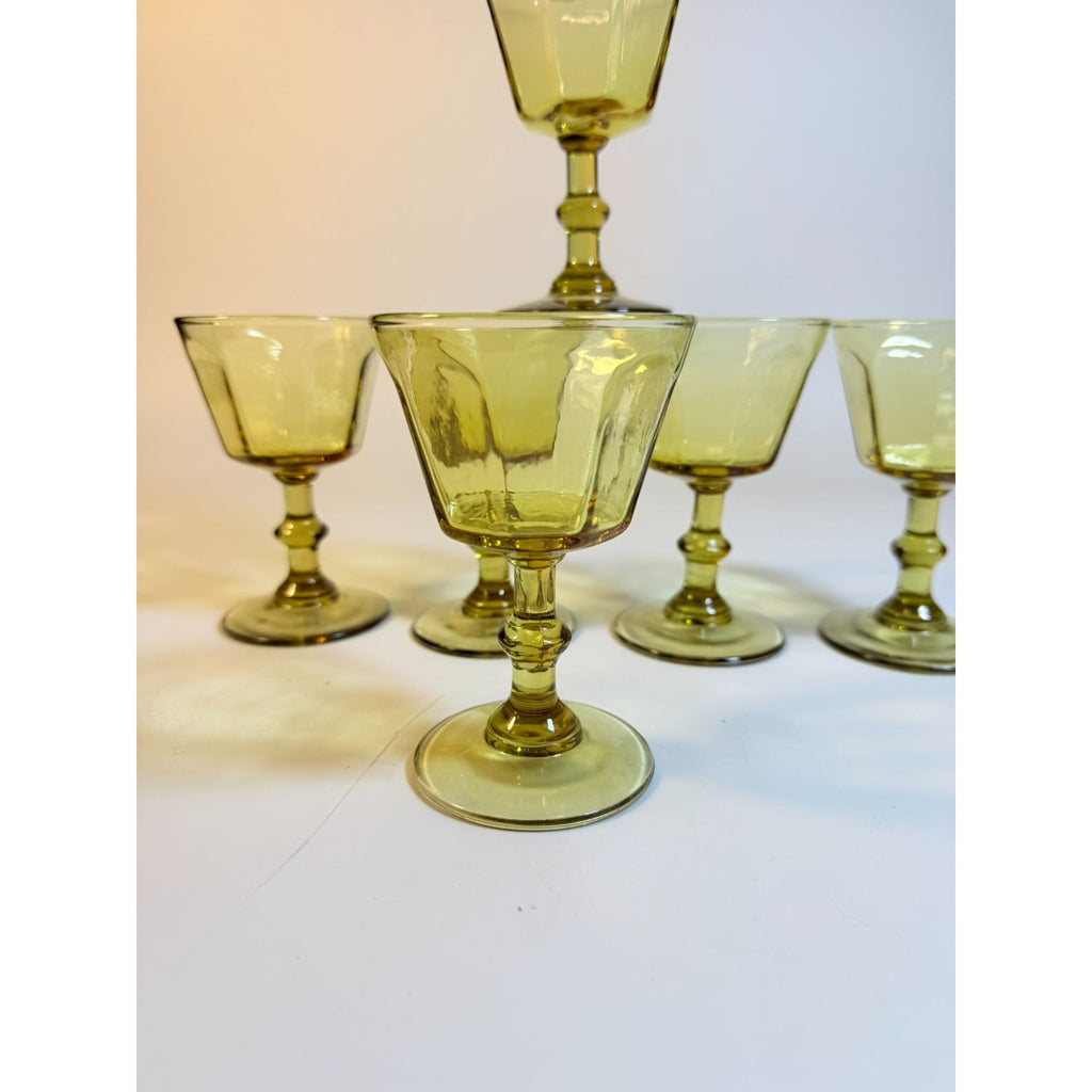 Coupe Wine Cocktail Glasses Anchor Hocking "Courtney" Yellow Amber Set 6 Hand Brlown  Paneled Stemware Glassware Honeycomb Textured Glass