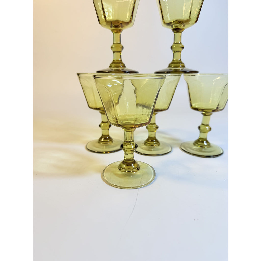 Coupe Wine Cocktail Glasses Anchor Hocking "Courtney" Yellow Amber Set 6 Hand Brlown  Paneled Stemware Glassware Honeycomb Textured Glass