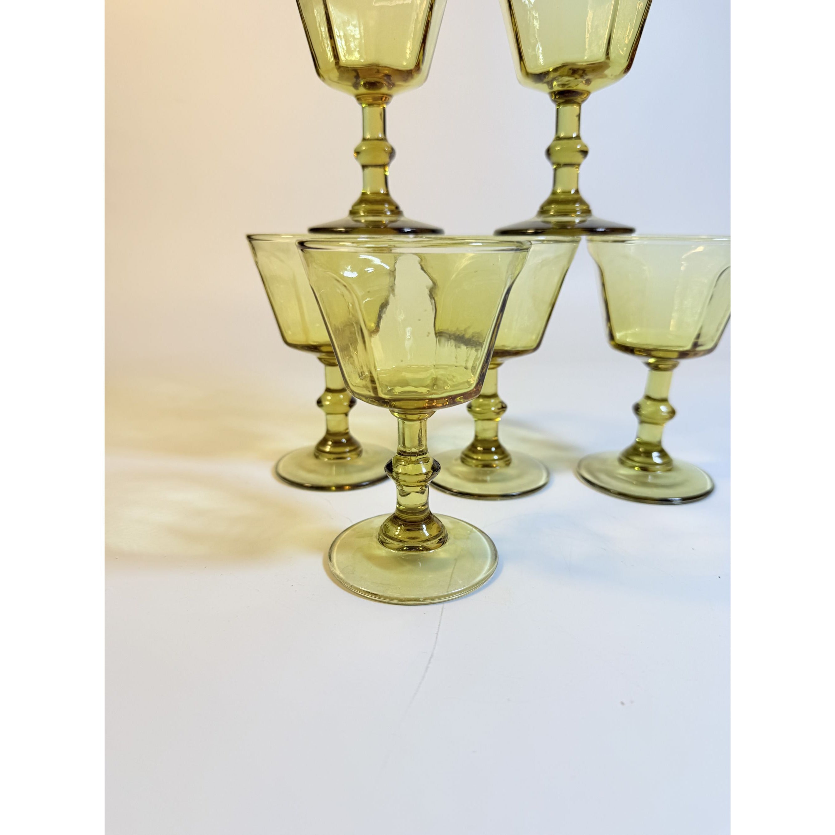 Coupe Wine Cocktail Glasses Anchor Hocking "Courtney" Yellow Amber Set 6 Hand Brlown  Paneled Stemware Glassware Honeycomb Textured Glass