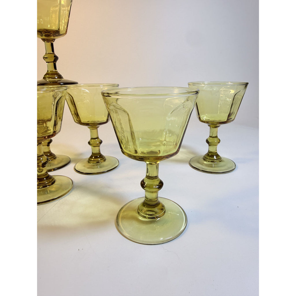 Coupe Wine Cocktail Glasses Anchor Hocking "Courtney" Yellow Amber Set 6 Hand Brlown  Paneled Stemware Glassware Honeycomb Textured Glass