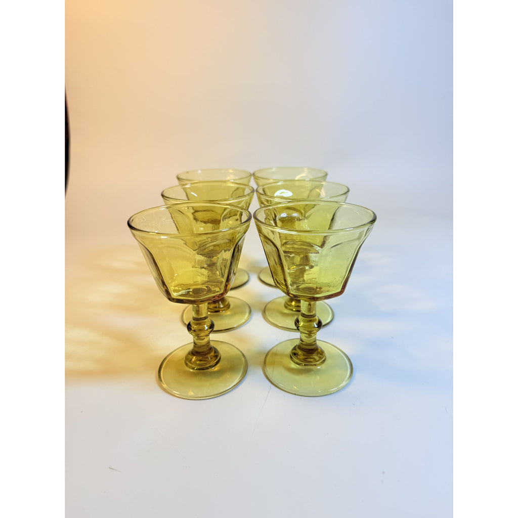Coupe Wine Cocktail Glasses Anchor Hocking "Courtney" Yellow Amber Set 6 Hand Brlown  Paneled Stemware Glassware Honeycomb Textured Glass