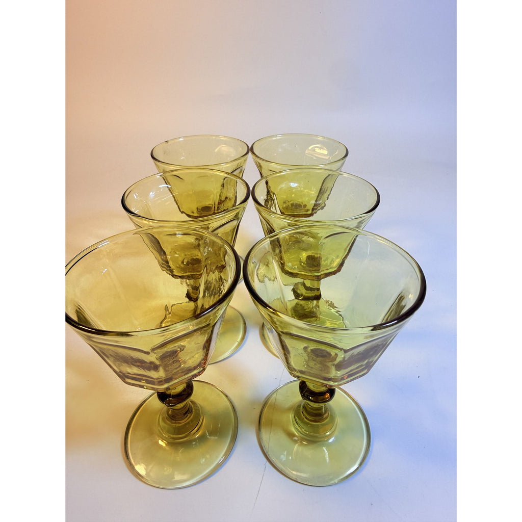 Coupe Wine Cocktail Glasses Anchor Hocking "Courtney" Yellow Amber Set 6 Hand Brlown  Paneled Stemware Glassware Honeycomb Textured Glass