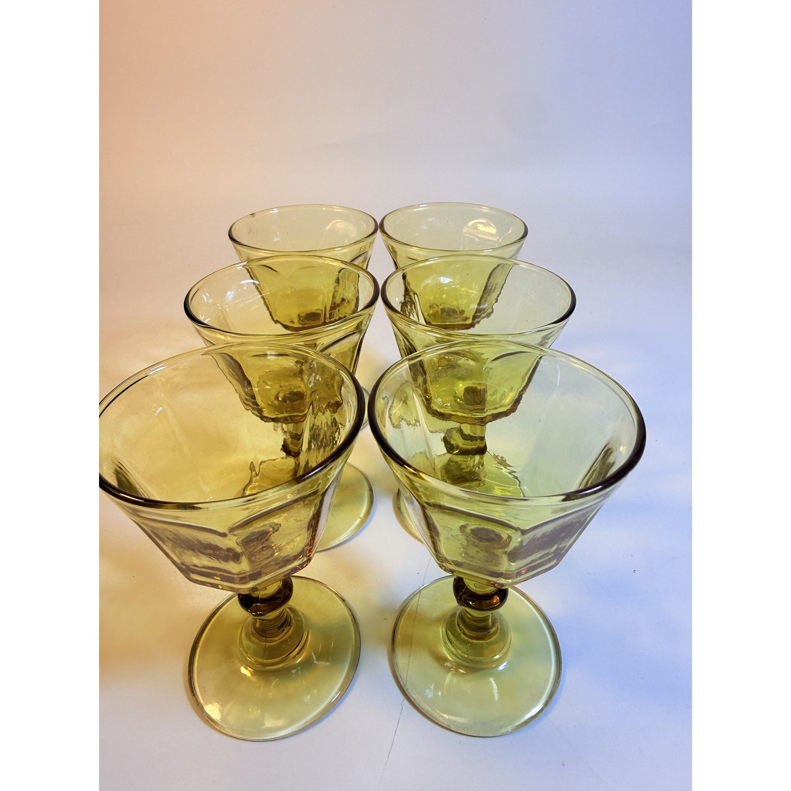 Coupe Wine Cocktail Glasses Anchor Hocking "Courtney" Yellow Amber Set 6 Hand Brlown  Paneled Stemware Glassware Honeycomb Textured Glass