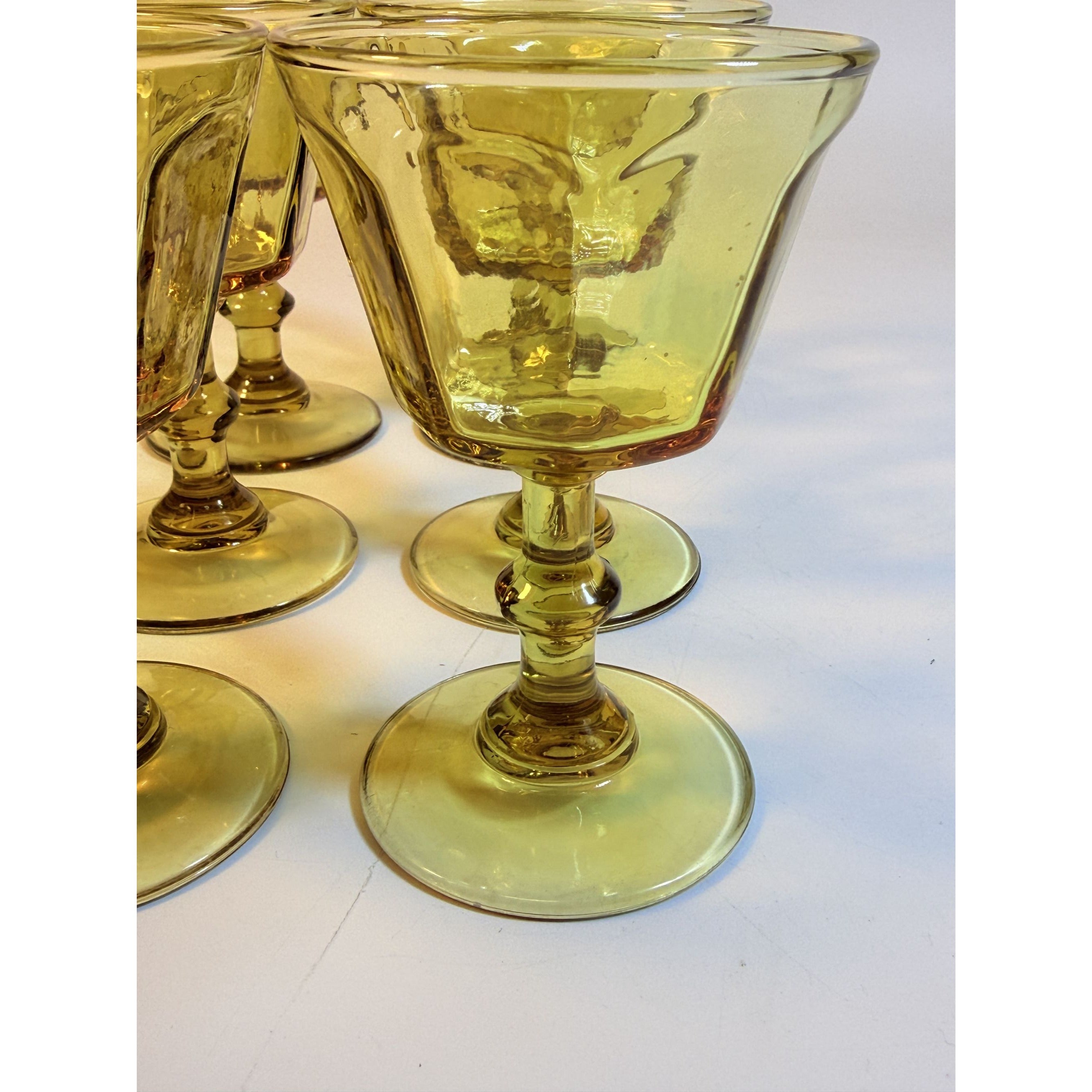 Coupe Wine Cocktail Glasses Anchor Hocking "Courtney" Yellow Amber Set 6 Hand Brlown  Paneled Stemware Glassware Honeycomb Textured Glass