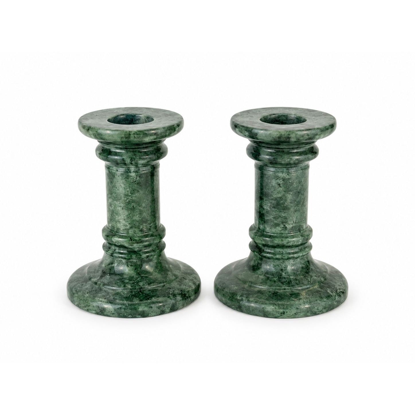 Candlestick Holders Pair Green Marble Polished-Stone 5” Classical Columns Vintage Home Decor Decorative Accents