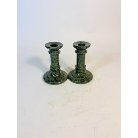 Candlestick Holders Pair Green Marble Polished-Stone 5” Classical Columns Vintage Home Decor Decorative Accents