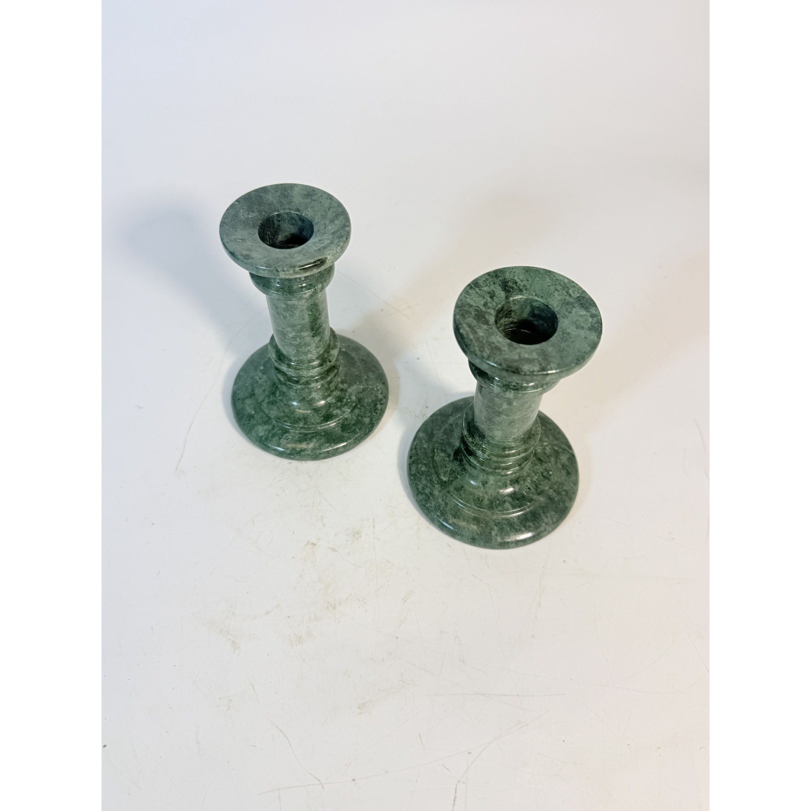 Candlestick Holders Pair Green Marble Polished-Stone 5” Classical Columns Vintage Home Decor Decorative Accents