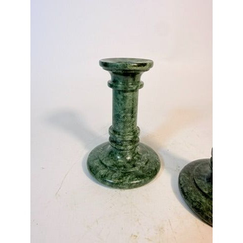 Candlestick Holders Pair Green Marble Polished-Stone 5” Classical Columns Vintage Home Decor Decorative Accents