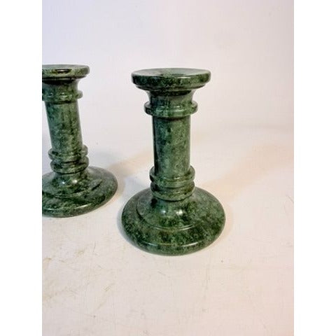 Candlestick Holders Pair Green Marble Polished-Stone 5” Classical Columns Vintage Home Decor Decorative Accents